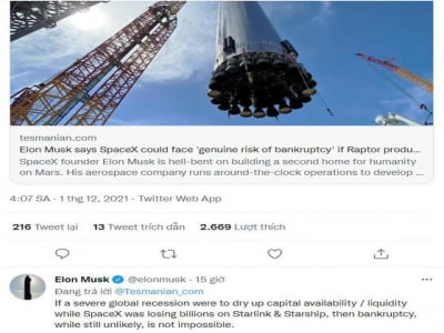 Elon Musk bất ngờ cảnh báo về khả năng phá sản của SpaceX